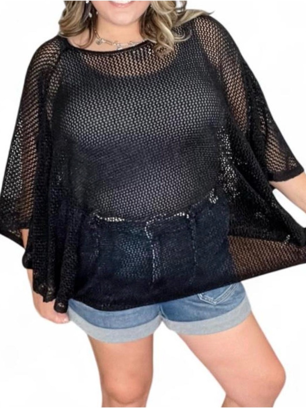 NWT: Sew In Love Black Open-Knit Plus Size Poncho | 1XL